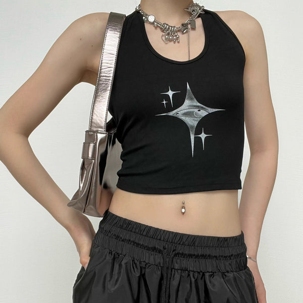 Star pattern u neck halter backless contrast crop top goth Alternative Darkwave Fashion goth Emo Darkwave Fashion