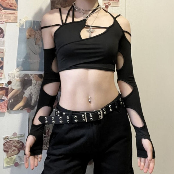 Hollow out long sleeve off shoulder irregular crop top goth Alternative Darkwave Fashion goth Emo Darkwave Fashion