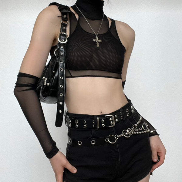 Sheer mesh see-through high neck off shoulder top goth Alternative Darkwave Fashion