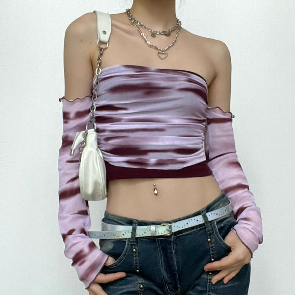 Long sleeve off shoulder ruffle mesh tie dye ruched top y2k 90s Revival Techno Fashion