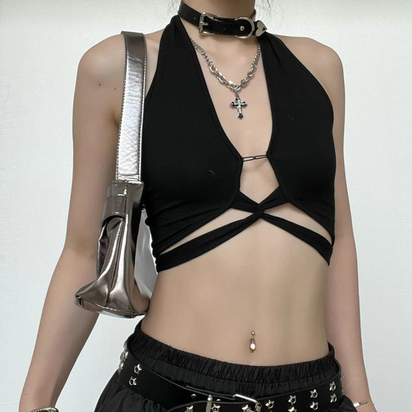 Halter backless hollow out ribbed cowl neck solid top goth Alternative Darkwave Fashion goth Emo Darkwave Fashion