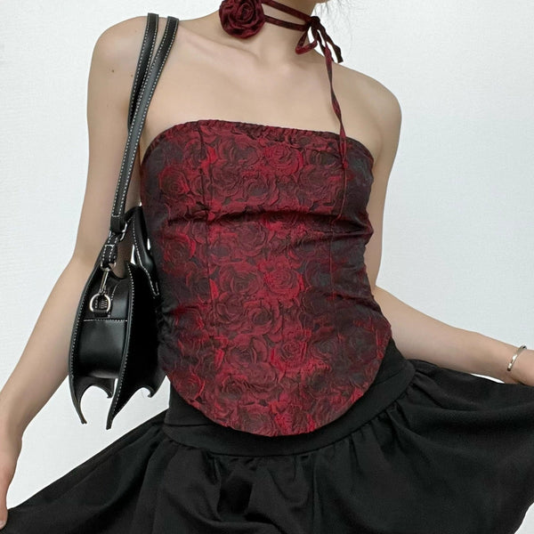 Rose print zip-up flower applique contrast tube top goth Alternative Darkwave Fashion goth Emo Darkwave Fashion