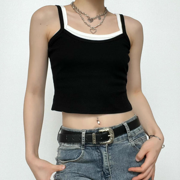 Sleeveless square neck patchwork contrast crop top y2k 90s Revival Techno Fashion