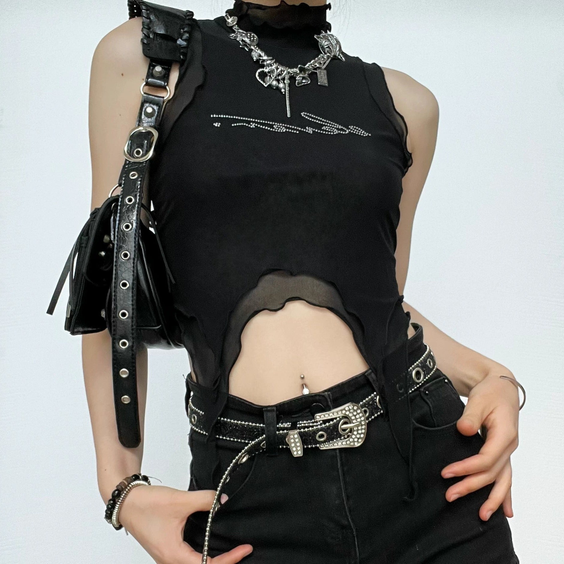 Sheer mesh see through beaded high neck crop top y2k 90s Revival Techno Fashion