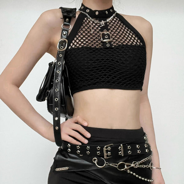 Mesh buckle halter backless solid crop top goth Alternative Darkwave Fashion goth Emo Darkwave Fashion