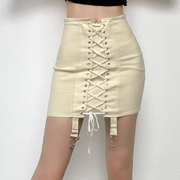 Lace up front high waist vintage skirt grunge 90s Streetwear Disheveled Chic Fashion