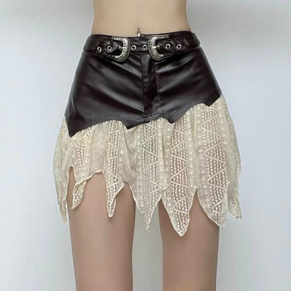 Irregular PU patchwork ruffle belt textured mini skirt grunge 90s Streetwear Disheveled Chic Fashion grunge 90s Streetwear Distressed Fashion
