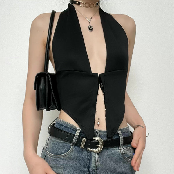 Low cut buttoned solid backless halter corset top y2k 90s Revival Techno Fashion