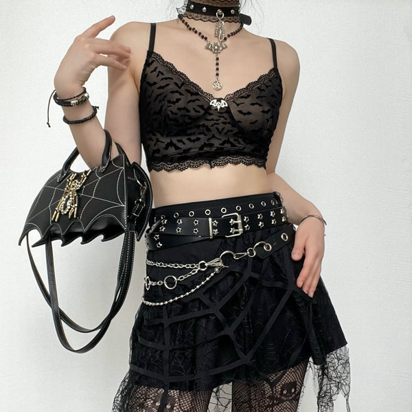 Mesh solid sleeveless bat applique lace hem backless cami top y2k 90s Revival Techno Fashion