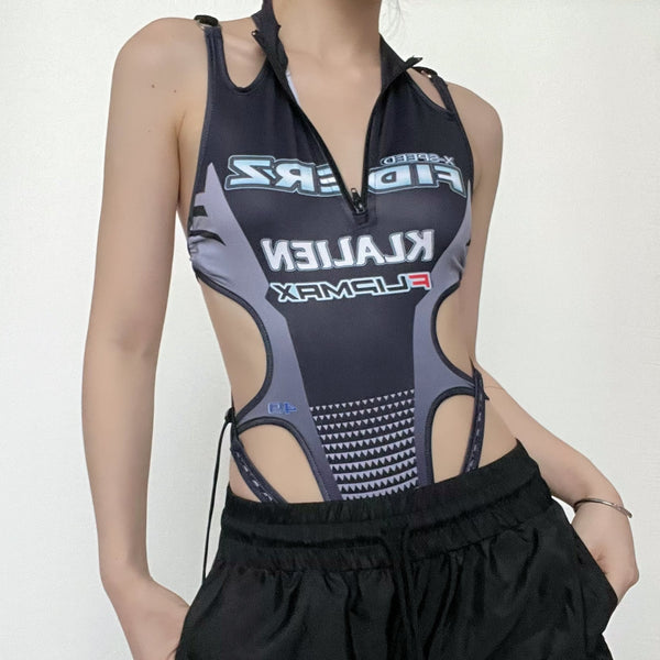 Sleeveless hollow out contrast print halter backless bodysuit cyberpunk Sci-Fi Fashion