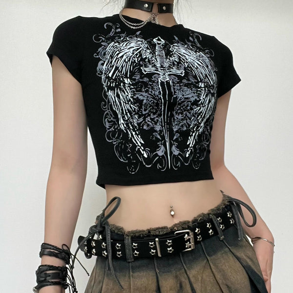 Short sleeve crewneck abstract contrast crop top grunge 90s Streetwear Disheveled Chic Fashion