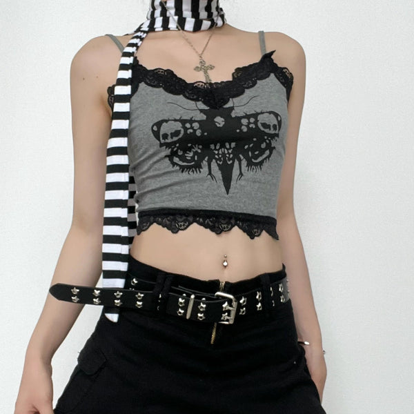 Lace hem backless contrast abstract cami crop top goth Alternative Darkwave Fashion goth Emo Darkwave Fashion