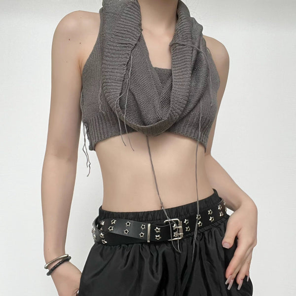 Solid sleeveless knitted stitch hoodie crop top y2k 90s Revival Techno Fashion