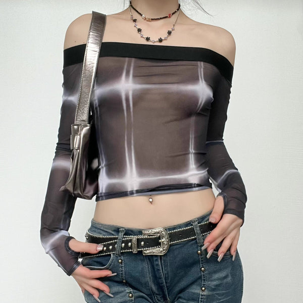 Tie dye contrast off shoulder long sleeve gloves sheer mesh see through top grunge 90s Streetwear Disheveled Chic Fashion grunge 90s Streetwear Distressed Fashion