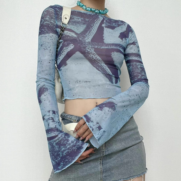 Sheer mesh see through flared sleeve contrast print 2-way top cyberpunk Sci-Fi Fashion