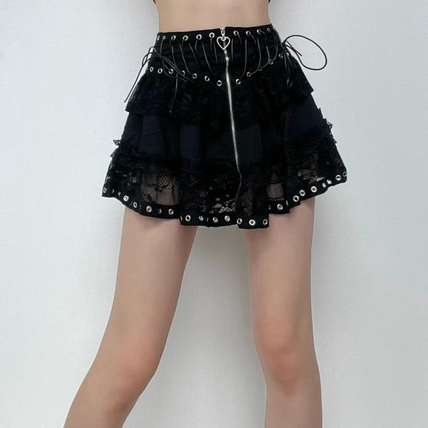 Zip-up lace up patchwork lace ruffle mini skirt goth Alternative Darkwave Fashion goth Emo Darkwave Fashion