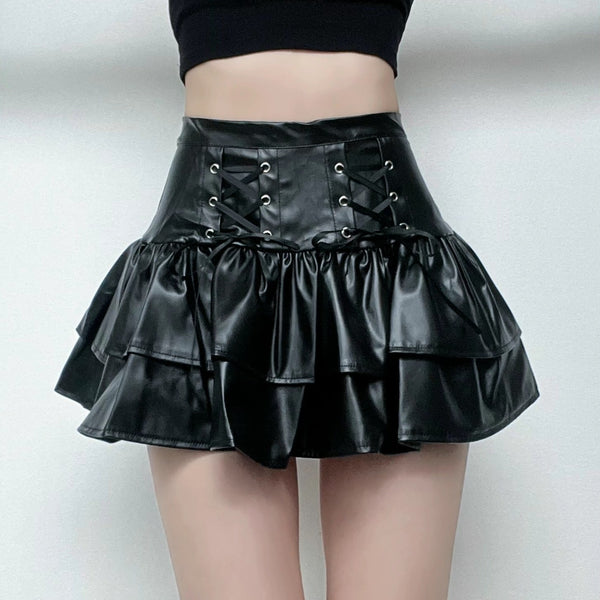 Lace up PU leather ruffle zip-up A line mini skirt