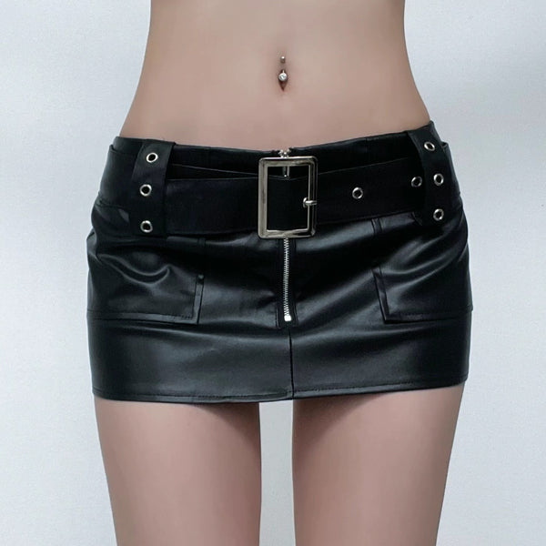 Pocket zip-up PU leather low rise buckle mini skirt goth Alternative Darkwave Fashion goth Emo Darkwave Fashion