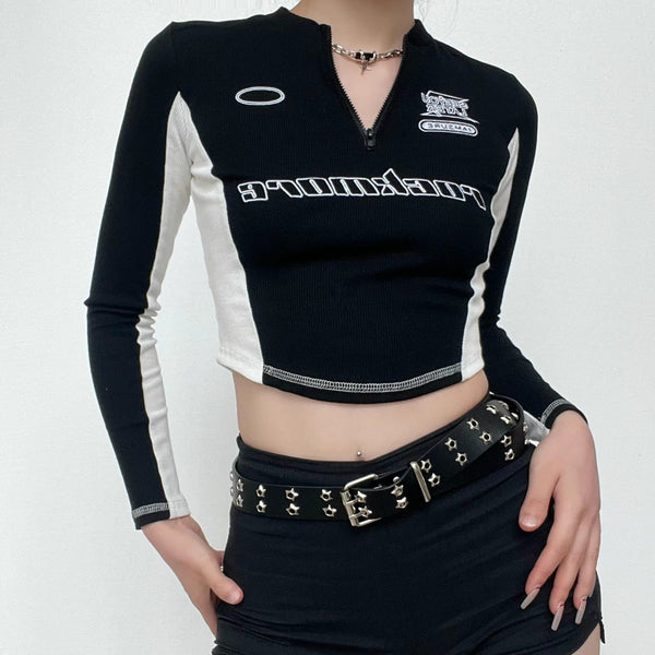Patchwork zip-up long sleeve embroidery contrast crop top y2k 90s Revival Techno Fashion