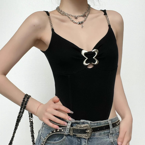 Buckle v neck metal chain sleeveless bodysuit y2k 90s Revival Techno Fashion