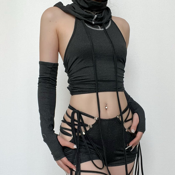 Lace up stitch gloves hoodie sleeveless backless crop top cyberpunk Sci-Fi punk Fashion