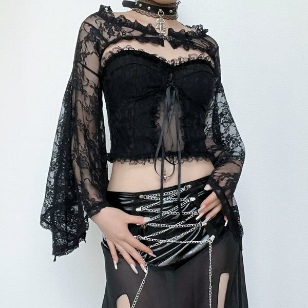 Lace off shoulder flared sleeve solid button shrug top goth Alternative Darkwave Fashion goth Emo Darkwave Fashion