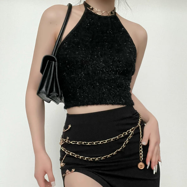 Textured halter self tie backless solid crop top y2k 90s Revival Techno Fashion