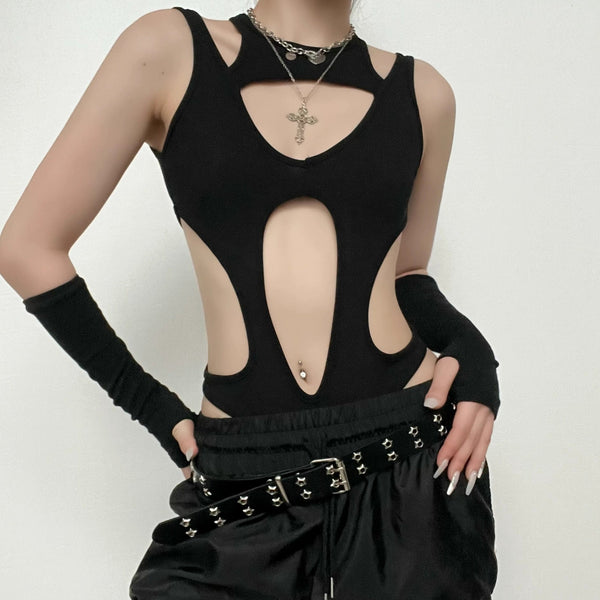 Hollow out sleeveless backless solid bodysuit y2k 90s Revival Techno Fashion