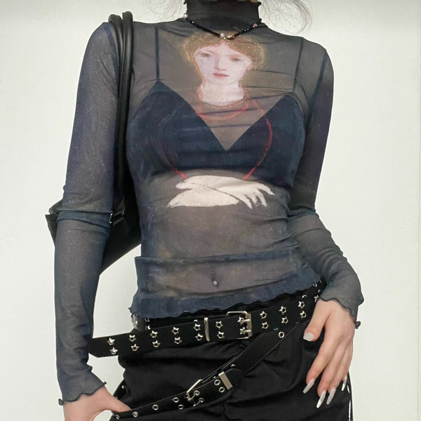 Top transparente con volantes de malla transparente, manga larga, estampado de pintura al óleo, moda de ciencia ficción cyberpunk 