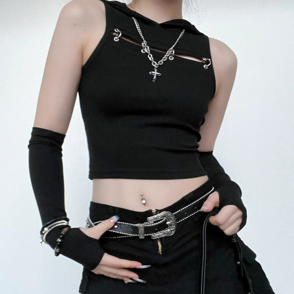 Gloves sleeveless solid hoodie o ring crop top