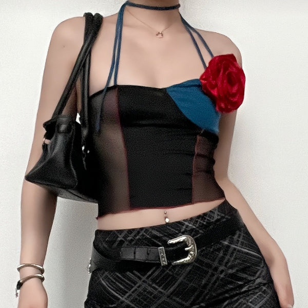 Flower applique patchwork irregular halter stitch crop top