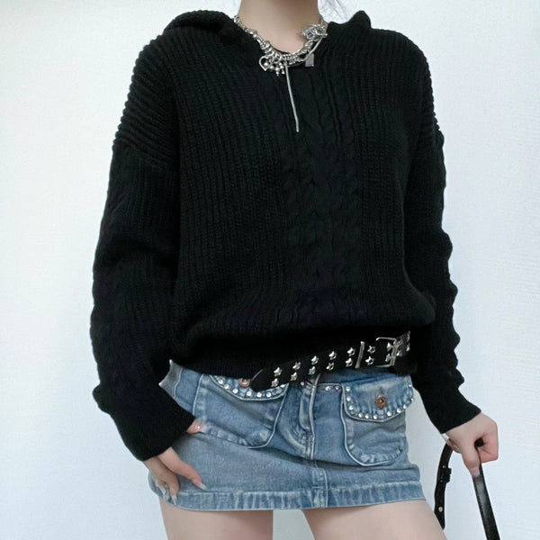Hoodie long sleeve knitted solid v neck top