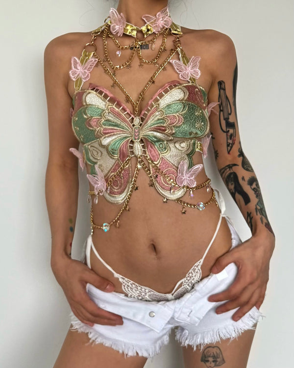 Butterfly embroidery metal chain halter top with choker