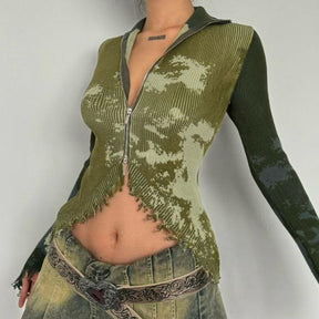 Long sleeve turnover collar zip-up PU leather top