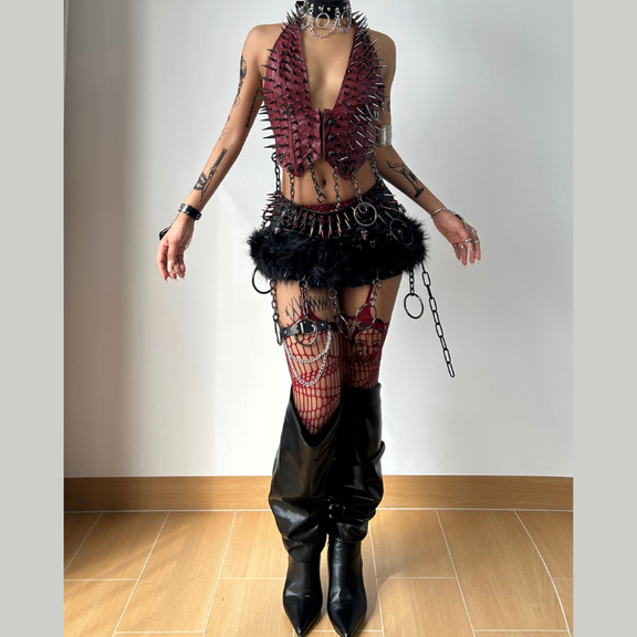 Metal chain o ring halter rivet applique bodysuit