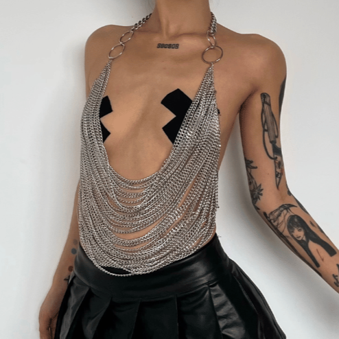 Metal chain see through o ring halter backless crop top