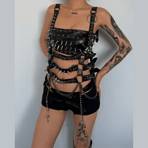Metal chain square neck rivet applique PU leather top