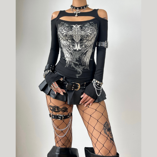 Off shoulder long sleeve abstract top