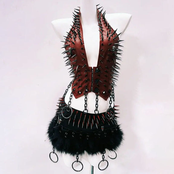 Halter Rivet Applique Metal Chain Lace Up Top main image 1