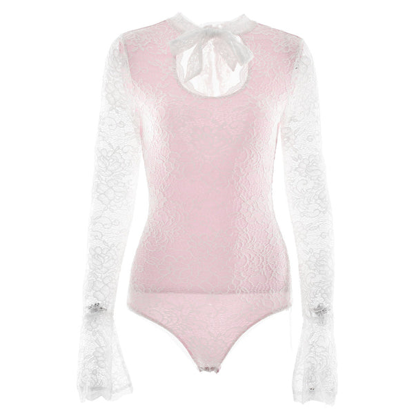 Long sleeve lace hollow out self tie bodysuit