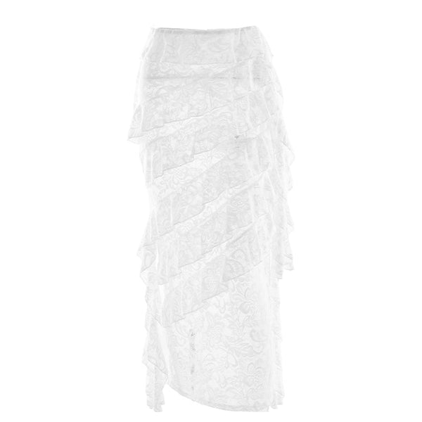 Lace irregular ruffle maxi skirt
