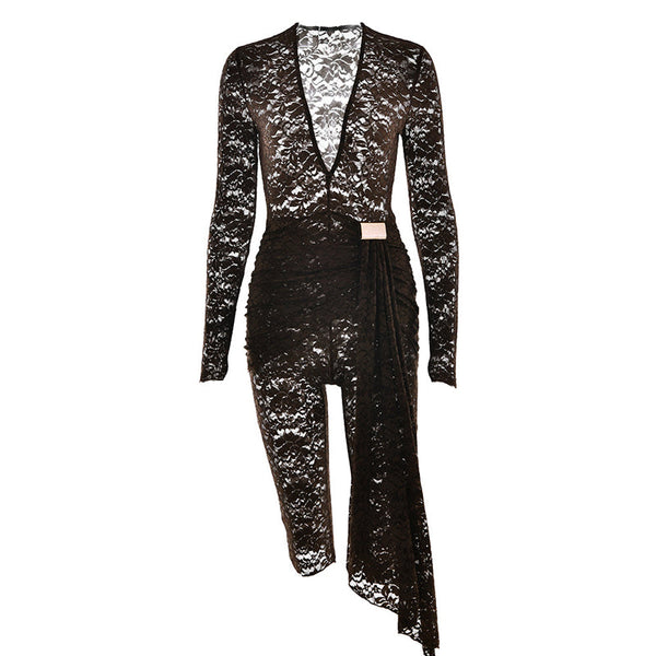 V neck long sleeve ruched lace romper