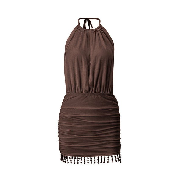 Ruched halter self tie beaded mini dress