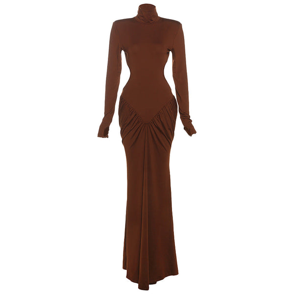 Long sleeve padded ruched high neck maxi dress