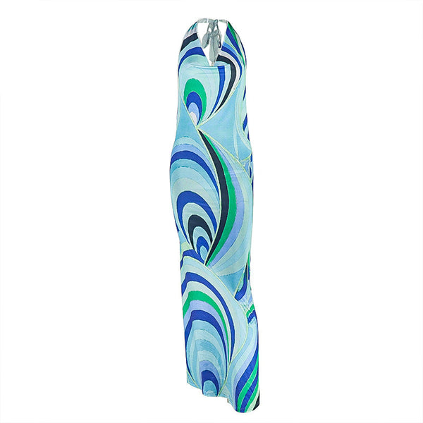 Halter contrast v neck backless maxi dress