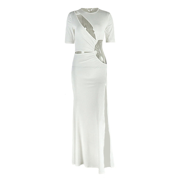 Crewneck hollow out slit long sleeve maxi dress