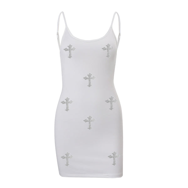 U neck beaded cross pattern backless cami mini dress