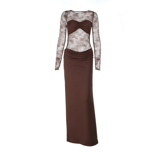 Long sleeve lace patchwork ruched maxi dress
