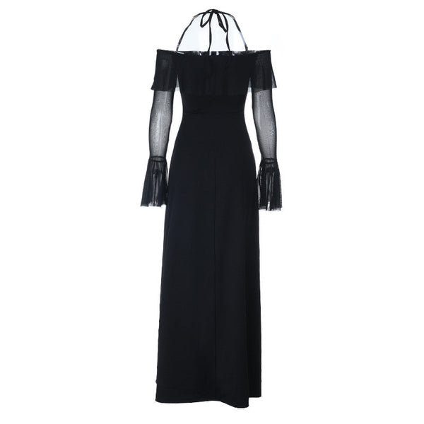 Long flared sleeve off shoulder ruffle maxi dress