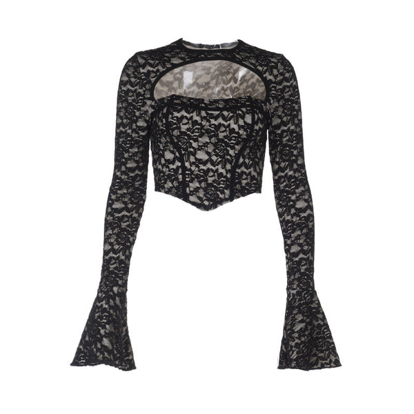 Long flared sleeve crewneck lace hollow out top